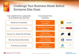 Copyright © 2014 Capgemini Consulting. All rights reserved. 
THE COMPETITIVE LANSCAPE 
IS IN PERPETUAL MOTION 
Globalized Competition 
Falling Barriers To Entry 
Access Vs. Ownership Of Assets 
Blurring Industry Boundaries 
Everything Connected 
FIVE ARCHETYPE CHOICES 
Re-inventing 
Industries 
Substituting Products 
& services 
Crafting New Digital Businesses 
Reconfiguring 
Delivery Models 
Rethinking Value-Propositions 
Challenge Your Business Model Before 
Someone Else Does  