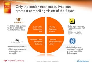 Copyright © 2014 Capgemini Consulting. All rights reserved. 
Evolve The Vision Over Time 
Identify Strategic Assets 
Define A Clear Intent And Outcome 
Create A Transformative Vision 
• Industrial Internet – marriage of industrial engineering and Big Data analysis 
• Sales team customer relationships were high value • Shift to sell digital services not books 
• Fully digital end-to-end 
• Align same experience across channels worldwide 
• 1.0: Real time operation 
• 2.0: Full automation 
• 3.0: Human free mines 
Only the senior-most executives can 
create a compelling vision of the future  
