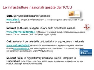 SBN, Servizio Bibliotecario Nazionale
www.sbn.it (96 poli, 5.800 biblioteche 14 M record bibliografici, a breve disponibil...