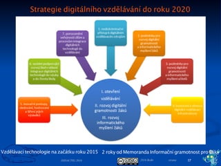 2016 BoBr stranaDIDACTIG 2016
Strategie digitálního vzdělávání do roku 2020
17
Vzdělávací technologie na začátku roku 2015 2 roky od Memoranda Informační gramotnost pro žáky
 