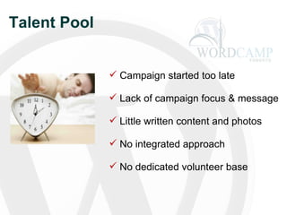 Talent Pool Campaign started too late Lack of campaign focus & message Little written content and photos No integrated approach   No dedicated volunteer base  
