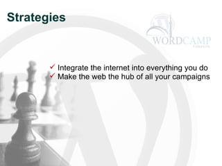 Strategies Integrate the internet into everything you do Make the web the hub of all your campaigns 