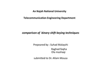 An Najah National University
Telecommunication Engineering Department
comparison of binary shift keying techniques
Prepeared by : Suhad Malayshi
Raghad foqha
Ola mashaqi
submitted to Dr. Allam Mousa
 