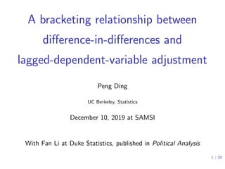 A bracketing relationship between
diﬀerence-in-diﬀerences and
lagged-dependent-variable adjustment
Peng Ding
UC Berkeley, Statistics
December 10, 2019 at SAMSI
With Fan Li at Duke Statistics, published in Political Analysis
1 / 20
 