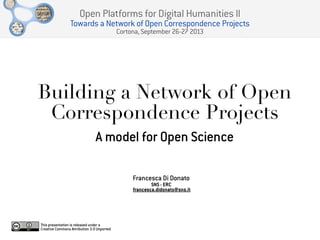 Open Platforms for Digital Humanities II

Towards a Network of Open Correspondence Projects
Cortona, September 26-27 2013

Building a Network of Open
Correspondence Projects
A model for Open Science
Francesca Di Donato

SNS - ERC
francesca.didonato@sns.it

This presentation is released under a
Creative Commons Attribution 3.0 Unported

 