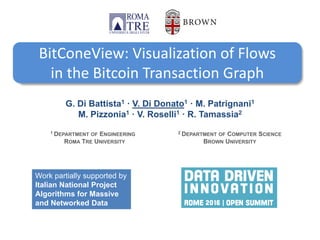BitConeView: Visualization of Flows
in the Bitcoin Transaction Graph
G. Di Battista1 · V. Di Donato1 · M. Patrignani1
M. Pizzonia1 · V. Roselli1 · R. Tamassia2
1 DEPARTMENT OF ENGINEERING
ROMA TRE UNIVERSITY
2 DEPARTMENT OF COMPUTER SCIENCE
BROWN UNIVERSITY
Work partially supported by
Italian National Project
Algorithms for Massive
and Networked Data
 