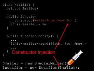 class Notifier {
private $mailer;
public function
__construct(MailerInterface $m) {
$this->mailer = $m;
}
public function notify() {
...
$this->mailer->send($from, $to, $msg);
...
}
}
$mailer = new SpecialMailer();
$notifier = new Notifier($mailer);
Constructor Injection
 