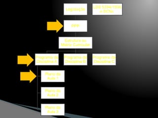 Legislação
PPP
Estrutura ou
Matriz Curricular
Programa da
Disciplina A
Plano da
Aula 1
Plano da
Aula 2
Plano da
Aula 3
Programa da
Disciplina B
Programa da
Disciplina C
LDB 9394/1996
e DCNs
 