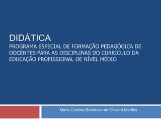 DidáticaPrograma Especial de Formação Pedagógica de Docentes para as Disciplinas do Currículo da Educação Profissional de Nível Médio Maria Cristina Bortolozo de Oliveira Martins 