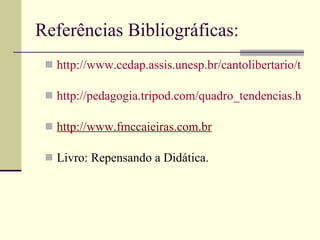 Referências Bibliográficas: http://www.cedap.assis.unesp.br/cantolibertario/textos/0145.html http://pedagogia.tripod.com/quadro_tendencias.htm http://www.fmccaieiras.com.br Livro: Repensando a Didática. 