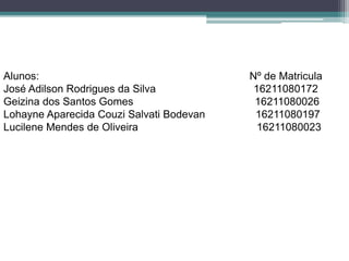 Alunos: Nº de Matricula
José Adilson Rodrigues da Silva 16211080172
Geizina dos Santos Gomes 16211080026
Lohayne Aparecida Couzi Salvati Bodevan 16211080197
Lucilene Mendes de Oliveira 16211080023
 