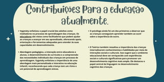Contribuições para a educação
atualmente.
Vygotsky enfatizou o papel crucial dos adultos como
mediadores no processo de aprendizagem das crianças. Os
educadores são vistos como facilitadores que podem ajudar
as crianças a avançar em seu aprendizado, oferecendo apoio,
orientação e ferramentas adequadas para atender às suas
capacidades em desenvolvimento.
O Teórico também ressaltou a importância das crianças
internalizarem conhecimentos e habilidades por meio de
interações sociais e culturais. Isso sugere que o ambiente
educacional deve ser enriquecido com experiências
sociais e culturais significativas para promover um
desenvolvimento cognitivo mais amplo. Ele destacou o
papel central da linguagem no desenvolvimento
cognitivo das crianças.
O psicólogo ainda foi um dos primeiros a observar que
as crianças conseguiam aprender também ao ouvir
sobre a experiência do outro.
Abordagem pedagógica, a interação entre educadores e
alunos, o desenvolvimento de currículos e a compreensão
das necessidades individuais das crianças em processo de
aprendizagem. Vygotsky enfatizou a importância de uma
abordagem mais personalizada e interativa na educação
infantil, reconhecendo que cada criança tem um ritmo e
um potencial de aprendizagem únicos.
 