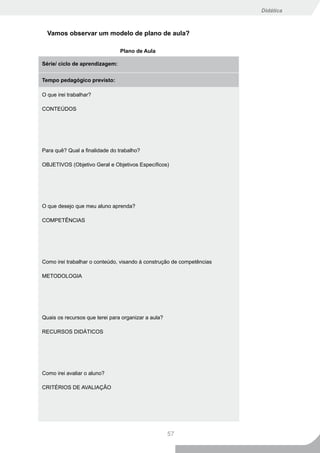 Didática



  Vamos observar um modelo de plano de aula?

                                Plano de Aula

Série/ ciclo de aprendizagem:


Tempo pedagógico previsto:

O que irei trabalhar?

CONTEÚDOS




Para quê? Qual a finalidade do trabalho?

OBJETIVOS (Objetivo Geral e Objetivos Específicos)




O que desejo que meu aluno aprenda?

COMPETÊNCIAS




Como irei trabalhar o conteúdo, visando à construção de competências

METODOLOGIA




Quais os recursos que terei para organizar a aula?

RECURSOS DIDÁTICOS




Como irei avaliar o aluno?

CRITÉRIOS DE AVALIAÇÃO




                                                     57
 