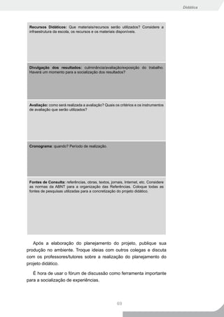 Didática




 Recursos Didáticos: Que materiais/recursos serão utilizados? Considere a
 infraestrutura da escola, os recursos e os materiais disponíveis.




 Divulgação dos resultados: culminância/avaliação/exposição do trabalho.
 Haverá um momento para a socialização dos resultados?




 Avaliação: como será realizada a avaliação? Quais os critérios e os instrumentos
 de avaliação que serão utilizados?




 Cronograma: quando? Período de realização.




 Fontes de Consulta: referências, obras, textos, jornais, Internet, etc. Considere
 as normas da ABNT para a organização das Referências. Coloque todas as
 fontes de pesquisas utilizadas para a concretização do projeto didático.




   Após a elaboração do planejamento do projeto, publique sua
produção no ambiente. Troque ideias com outros colegas e discuta
com os professores/tutores sobre a realização do planejamento do
projeto didático.

   É hora de usar o fórum de discussão como ferramenta importante
para a socialização de experiências.




                                                     69
 