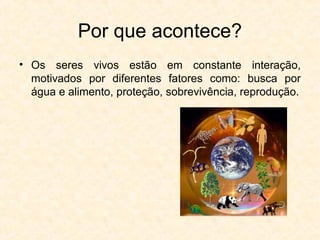Por que acontece?
• Os seres vivos estão em constante interação,
motivados por diferentes fatores como: busca por
água e alimento, proteção, sobrevivência, reprodução.
 