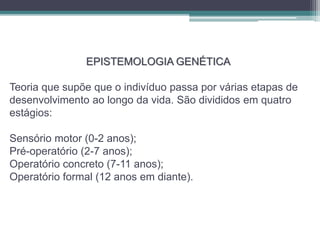 EPISTEMOLOGIA GENÉTICA
Teoria que supõe que o indivíduo passa por várias etapas de
desenvolvimento ao longo da vida. São divididos em quatro
estágios:
Sensório motor (0-2 anos);
Pré-operatório (2-7 anos);
Operatório concreto (7-11 anos);
Operatório formal (12 anos em diante).
 