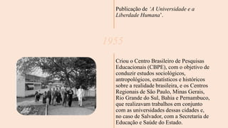 Publicação de ‘A Universidade e a
Liberdade Humana’.
1955
Criou o Centro Brasileiro de Pesquisas
Educacionais (CBPE), com o objetivo de
conduzir estudos sociológicos,
antropológicos, estatísticos e históricos
sobre a realidade brasileira, e os Centros
Regionais de São Paulo, Minas Gerais,
Rio Grande do Sul, Bahia e Pernambuco,
que realizavam trabalhos em conjunto
com as universidades dessas cidades e,
no caso de Salvador, com a Secretaria de
Educação e Saúde do Estado.
 