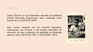 Teoria
Anísio Teixeira foi um importante educador da tendência
Liberal Renovada Progressista, mais conhecida como
Escola Nova. (SANTOS, 2005).
Suas teorias surgiram em um contexto higienista-
educacional, que levaram a um projeto autoritário de
educação, em que a educação de qualidade era destinada
apenas a elite (AM NCIO, 2021; CAVALIERE, 2010).
 