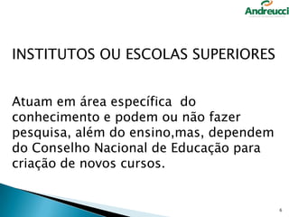 INSTITUTOS OU ESCOLAS SUPERIORES
Atuam em área específica do
conhecimento e podem ou não fazer
pesquisa, além do ensino,mas, dependem
do Conselho Nacional de Educação para
criação de novos cursos.

6

 