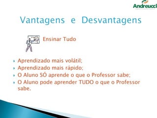 Ensinar Tudo






Aprendizado mais volátil;
Aprendizado mais rápido;
O Aluno SÓ aprende o que o Professor sabe;
O Aluno pode aprender TUDO o que o Professor
sabe.

21

 