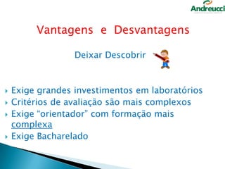 Vantagens e Desvantagens
Deixar Descobrir







Exige grandes investimentos em laboratórios
Critérios de avaliação são mais complexos
Exige “orientador” com formação mais
complexa
Exige Bacharelado
24

 