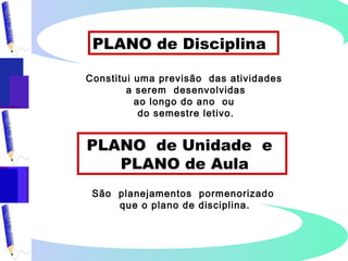 PLANO de Unidade e
PLANO de Aula
São planejamentos pormenorizado
que o plano de disciplina.
PLANO de Disciplina
Constitui uma previsão das atividades
a serem desenvolvidas
ao longo do ano ou
do semestre letivo.
 