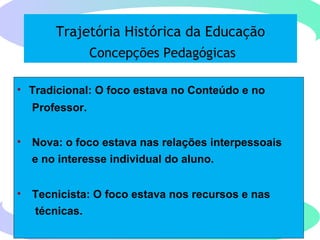 Trajetória Histórica da Educação
Concepções Pedagógicas
• Tradicional: O foco estava no Conteúdo e no
Professor.
• Nova: o foco estava nas relações interpessoais
e no interesse individual do aluno.
• Tecnicista: O foco estava nos recursos e nas
técnicas.
 