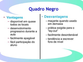 Quadro Negro
• Vantagens
– disponível em quase
todos os locais
– desenvolvimento
progressivo durante a
aula
– facilmente apagável
– fácil participação do
aluno
• Desvantagens
– maçante quando usado
em demasia
– prática exigida para o
“lay-out”
– facilmente desordenável
– tendência a escrever
fora de nível
 