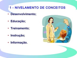 • Desenvolvimento;
• Educação;
• Treinamento;
• Instrução;
• Informação.
1 - NIVELAMENTO DE CONCEITOS
 