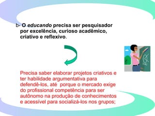 b- O educando precisa ser pesquisador
por excelência, curioso acadêmico,
criativo e reflexivo.
Precisa saber elaborar projetos criativos e
ter habilidade argumentativa para
defendê-los, até porque o mercado exige
do profissional competência para ser
autônomo na produção de conhecimentos
e acessível para socializá-los nos grupos;
 
