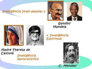 Inteligência Inter-pessoal 
Gandhi/
Mandela
 Inteligência
Espiritual
Madre Theresa de
Calcutá
Inteligência
Naturalística
C. Mendes/
 