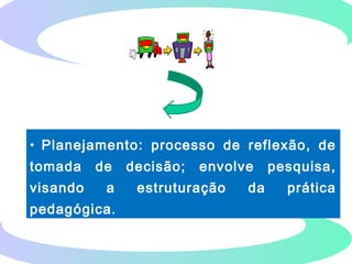 PLANEJAMENTO X PLANO
• Planejamento: processo de reflexão, de
tomada de decisão; envolve pesquisa,
visando a estruturação da prática
pedagógica.
 