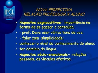 NOVA PERPECTIVA RELAÇÃO PROFESSOR X ALUNO Aspectos cognoscitivos-  importância na forma de se passar o conteúdo; - prof. Deve usar vários tons de voz; - falar com  simplicidade; conhecer o nível do conhecimento do aluno; ter domínio da lingua. Aspectos sócio-emocionais-  relações pessoais, os vínculos afetivos. 