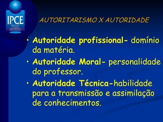 AUTORITARISMO X AUTORIDADE Autoridade profissional-  domínio da matéria. Autoridade Moral-  personalidade do professor. Autoridade Técnica- habilidade para a transmissão e assimilação de conhecimentos. 