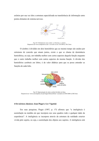 axônios por sua vez têm a estrutura especializada na transferência de informação entre
pontos distantes do sistema nervoso.
Fig. 02: O formato do corpo celular, os Dentrites e o Axônio.
Disponível em<www.notapositiva.com> Acessado no dia 25/6/2008 às 20h 25min.
O cérebro é dividido em dois hemisférios que ao mesmo tempo são unidos por
estruturas de conexão que atuam juntos, existe o que se chama de dominância
hemisférica, ou seja, um trabalha melhor com certos aspectos daquela função enquanto
que o outro trabalha melhor com outros aspectos da mesma função. A divisão dos
hemisférios cerebrais em lobos, é de valor didático para que se possa entender as
funções de cada lobo.
Fig. 03: Representação do córtex cerebral dividido em lobos.
Disponível em <www.enciclopedia.com.pt/images/loboscerebrais> acessado em 20/05/2008 às 20h15min.
4 Os teóricos clássicos: Jean Piaget e Lev Vigotski
Em suas pesquisas, Piaget (1987, p. 17) afirmou que “a inteligência é
assimilação na medida em que incorpora nos seus quadros todo e qualquer dado da
experiência”. A inteligência se incorpora através da estrutura da realidade exterior
vivida pelo sujeito, ou seja, a assimilação dos objetos aos sujeitos. A inteligência está
 