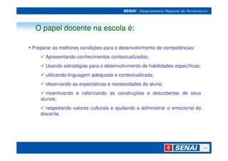 O papel docente na escola é:

Preparar as melhores condições para o desenvolvimento de competências:
     Apresentando conhecimentos contextualizados;
     Usando estratégias para o desenvolvimento de habilidades específicas;
     utilizando linguagem adequada e contextualizada;
     observando as expectativas e necessidades do aluno;
      incentivando e valorizando as construções e descobertas de seus
   alunos;
      respeitando valores culturais e ajudando a administrar o emocional do
   discente.
 