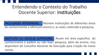Entendendo o Contexto do Trabalho
Docente Superior: Instituições
FACULDADES INTEGRADAS: Reúnem instituições de diferentes áreas
do conhecimento e oferecem ensino e, as vezes, extensão e pesquisa;
.
INSTITUTO OU ESCOLAS SUPERIORES: Atuam em área específica do
conhecimento e podem ou não fazer pesquisa, além do ensino, mas
dependem do Conselho Nacional de Educação para criação de novos
cursos.
 