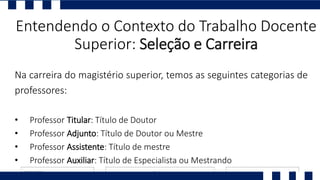 Entendendo o Contexto do Trabalho Docente
Superior: Seleção e Carreira
Na carreira do magistério superior, temos as seguintes categorias de
professores:
• Professor Titular: Título de Doutor
• Professor Adjunto: Título de Doutor ou Mestre
• Professor Assistente: Título de mestre
• Professor Auxiliar: Título de Especialista ou Mestrando
 