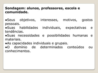 Sondagem: alunos, professores, escola e
comunidade.
●Seus objetivos, interesses, motivos, gostos
pessoais.
●Suas habilidades individuais, expectativas e
tendências.
●Suas necessidades e possibilidades humanas e
materiais.
●As capacidades individuais e grupais.
●O domínio de determinados conteúdos ou
conhecimentos.

 