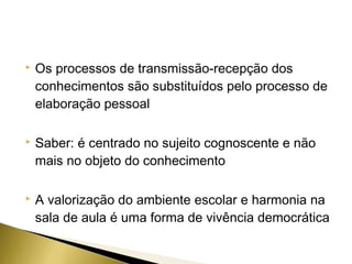 

Os processos de transmissão-recepção dos
conhecimentos são substituídos pelo processo de
elaboração pessoal



Saber: é centrado no sujeito cognoscente e não
mais no objeto do conhecimento



A valorização do ambiente escolar e harmonia na
sala de aula é uma forma de vivência democrática

 