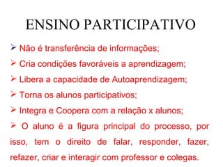 ENSINO PARTICIPATIVO
 Não é transferência de informações;
 Cria condições favoráveis a aprendizagem;
 Libera a capacidade de Autoaprendizagem;
 Torna os alunos participativos;
 Integra e Coopera com a relação x alunos;
 O aluno é a figura principal do processo, por
isso, tem o direito de falar, responder, fazer,
refazer, criar e interagir com professor e colegas.
 