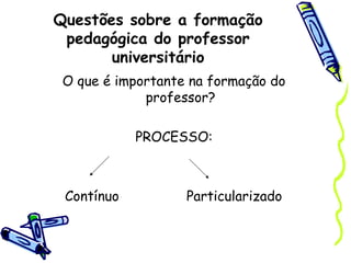 Questões sobre a formação
pedagógica do professor
universitário
O que é importante na formação do
professor?
PROCESSO:
Contínuo Particularizado
 
