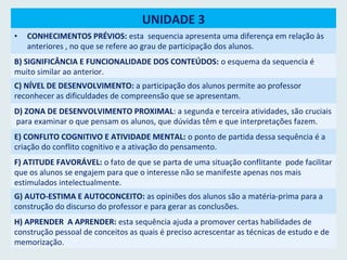 UNIDADE 3
• CONHECIMENTOS PRÉVIOS: esta sequencia apresenta uma diferença em relação às
anteriores , no que se refere ao grau de participação dos alunos.
B) SIGNIFICÂNCIA E FUNCIONALIDADE DOS CONTEÚDOS: o esquema da sequencia é
muito similar ao anterior.
C) NÍVEL DE DESENVOLVIMENTO: a participação dos alunos permite ao professor
reconhecer as dificuldades de compreensão que se apresentam.
D) ZONA DE DESENVOLVIMENTO PROXIMAL: a segunda e terceira atividades, são cruciais
para examinar o que pensam os alunos, que dúvidas têm e que interpretações fazem.
E) CONFLITO COGNITIVO E ATIVIDADE MENTAL: o ponto de partida dessa sequência é a
criação do conflito cognitivo e a ativação do pensamento.
F) ATITUDE FAVORÁVEL: o fato de que se parta de uma situação conflitante pode facilitar
que os alunos se engajem para que o interesse não se manifeste apenas nos mais
estimulados intelectualmente.
G) AUTO-ESTIMA E AUTOCONCEITO: as opiniões dos alunos são a matéria-prima para a
construção do discurso do professor e para gerar as conclusões.
H) APRENDER A APRENDER: esta sequência ajuda a promover certas habilidades de
construção pessoal de conceitos as quais é preciso acrescentar as técnicas de estudo e de
memorização.
 