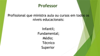Professor
Profissional que ministra aula ou cursos em todos os
níveis educacionais:
Infantil;
Fundamental;
Médio;
Técnico
Superior
 