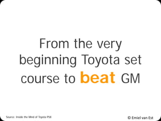 © Emiel van Est
From the very
beginning Toyota set
course to beat GM
Source: Inside the Mind of Toyota P58
 