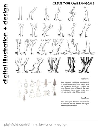 digital illustration + design 
CREATE YOUR OWN LANDSCAPE 
plainfield central – mr. lawler art + design 
Tree Forms 
When completing a landscape, perhaps one of 
the most important natural forms to study is the 
tree. To the right, you will find 23 different tree 
forms. Recreate some of these in the space 
provided below. Choose at least two tree forms 
from each row (for a total of 8 tree forms). 
Cone Trees 
Below is a diagram of a conifer tree drawn from 
the basic form of a cone. Recreate this diagram 
in the space provided below. 
 