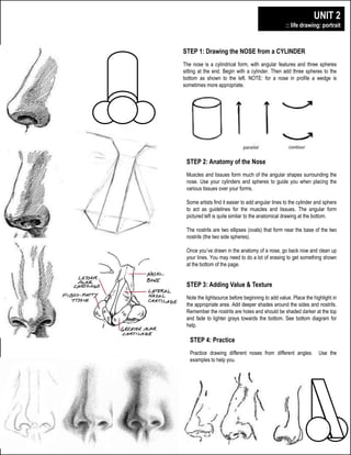 digitalillustration+design
plainfield central – mr. lawler art + design
UNIT 2
:: life drawing: portrait
STEP 1: Drawing the NOSE from a CYLINDER
The nose is a cylindrical form, with angular features and three spheres
sitting at the end. Begin with a cylinder. Then add three spheres to the
bottom as shown to the left. NOTE: for a nose in profile a wedge is
sometimes more appropriate.
STEP 2: Anatomy of the Nose
Muscles and tissues form much of the angular shapes surrounding the
nose. Use your cylinders and spheres to guide you when placing the
various tissues over your forms.
Some artists find it easier to add angular lines to the cylinder and sphere
to act as guidelines for the muscles and tissues. The angular form
pictured left is quite similar to the anatomical drawing at the bottom.
The nostrils are two ellipses (ovals) that form near the base of the two
nostrils (the two side spheres).
Once you’ve drawn in the anatomy of a nose, go back now and clean up
your lines. You may need to do a lot of erasing to get something shown
at the bottom of the page.
STEP 3: Adding Value & Texture
Note the lightsource before beginning to add value. Place the highlight in
the appropriate area. Add deeper shades around the sides and nostrils.
Remember the nostrils are holes and should be shaded darker at the top
and fade to lighter grays towards the bottom. See bottom diagram for
help.
STEP 4: Practice
Practice drawing different noses from different angles. Use the
examples to help you.
z
 
