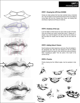 digitalillustration+design
plainfield central – mr. lawler art + design
UNIT 2
:: life drawing: portrait
STEP 1: Drawing the LIPS from OVOIDS
Ovoids are simply spheres that have been stretched along a horizontal
axis. They are based on the two-dimensional figure known as an ellipse (a
curved figure with two foci). Drawing three ovoids, and shading them
according to a lightsource will help you create lips.
STEP 2: Anatomy of the Lips
It can be helpful to divide the lips into more ovoids as seen to the left.
Once you’ve drawn your ovoids, connect them using “u” shapes and “v”
shapes. If you note the diagram to the left, notice how the contours of
then lips follow the muscles near the cheeks, the chin and under the
nose.
STEP 3: Adding Value & Texture
Note the lightsource before beginning to add value. Place the highlight in
the appropriate area. Note how cast shadows fall near the partition
between the bottom and upper lip. Also note that the cracks and textures
follow “spreading-out pattern” from the center of the mouth to the
corners and top.
STEP 4: Practice
Practice drawing lips from different angles. Use the examples to help
you.
 