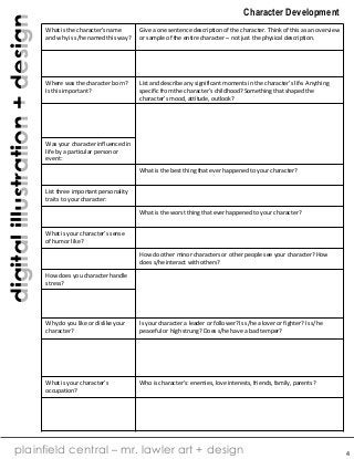 digital illustration + design

Character Development
What is the character’s name
and why is s/he named this way?

Give a one sentence description of the character. Think of this as an overview
or sample of the entire character – not just the physical description.

Where was the character born?
Is this important?

List and describe any significant moments in the character’s life. Anything
specific from the character’s childhood? Something that shaped the
character’s mood, attitude, outlook?

Was your character influenced in
life by a particular person or
event:
What is the best thing that ever happened to your character?
List three important personality
traits to your character:
What is the worst thing that ever happened to your character?
What is your character’s sense
of humor like?
How do other minor characters or other people see your character? How
does s/he interact with others?
How does you character handle
stress?

Why do you like or dislike your
character?

Is your character a leader or follower? Is s/he a lover or fighter? Is s/he
peaceful or high strung? Does s/he have a bad temper?

What is your character’s
occupation?

Who is character’s: enemies, love interests, friends, family, parents?

plainfield central – mr. lawler art + design

4

 