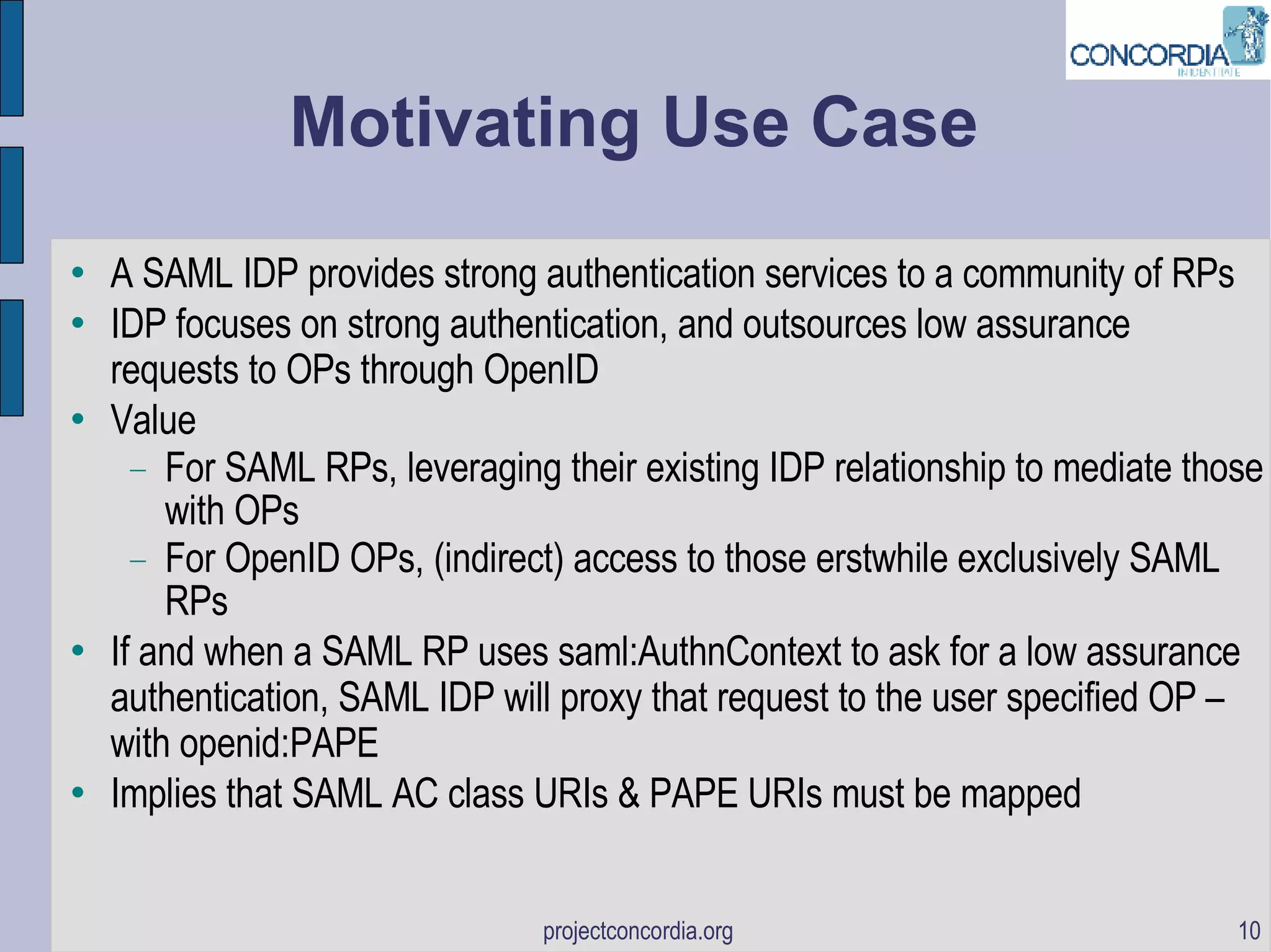 Motivating Use Case A SAML IDP provides strong authentication services to a community of RPs IDP focuses on strong authentication, and outsources low assurance requests to OPs through OpenID Value For SAML RPs, leveraging their existing IDP relationship to mediate those with OPs For OpenID OPs, (indirect) access to those erstwhile exclusively SAML RPs If and when a SAML RP uses saml:AuthnContext to ask for a low assurance authentication, SAML IDP will proxy that request to the user specified OP – with openid:PAPE Implies that SAML AC class URIs & PAPE URIs must be mapped 